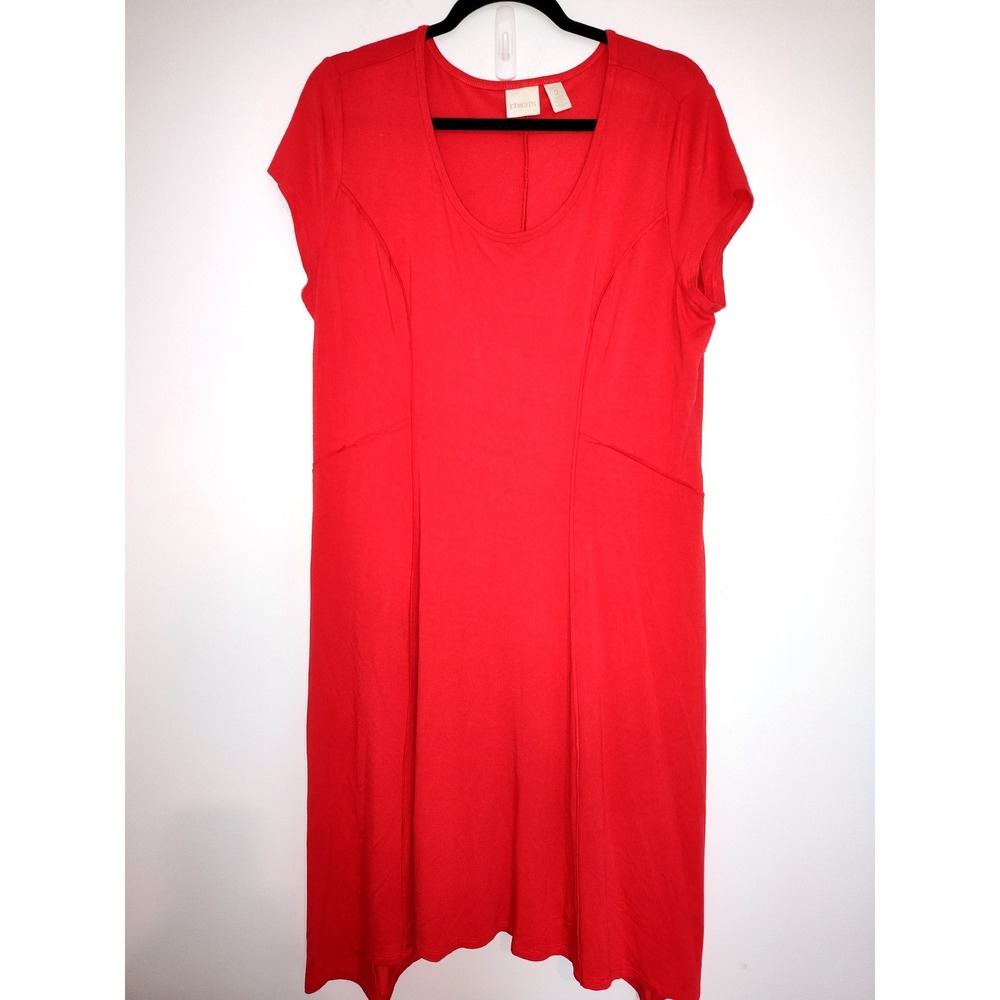 Chicos Red Short Sleeve Scoop Neck Midi Dress Jersey Knit Size 2 L Large